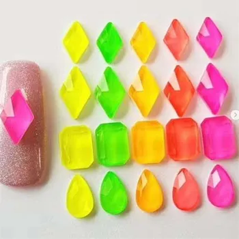 

50 Pcs Fluorescence Rhombus/Octagonal/Waterdrop Shape 3D Glass Gem Nail Rhinestone AB & clear Glass Neon Crystal Charms 4T#