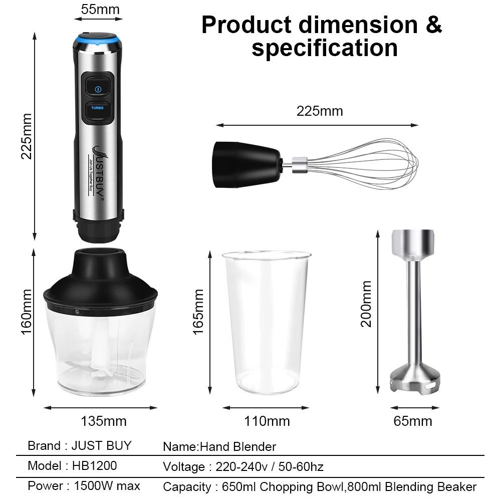 LED Factory Price 1500W 6/4 in 1 Electric Stick Hand Commercial Blender Food Processor Egg Whisk Mixer Juicer Meat Grinder