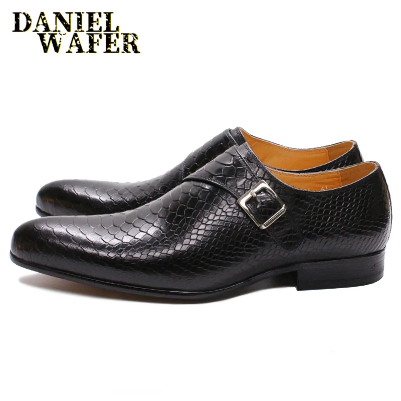 LUXURY MEN LOAFERS SHOES SNAKE SKIN PRINTS MONK STRAP SLIP ON BROWN BLACK CASUAL SHOES FORMAL DRESSES OFFICE men's summer shoes