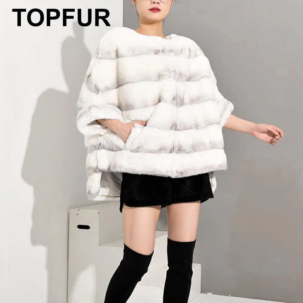 

TOPFUR 2019 Gray White Coat Women Bat Type Rex Rabbit Fur Jacket Women Winter Coat Women Pullover Jacket Real Fur Coat Plus Size