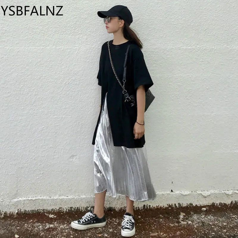 

Women Two Piece Outfits New Split O-Neck Short Sleeve T Shirts+Solid Slim Waist Pleated Long Skirts Fashion Plus Size Bohemian