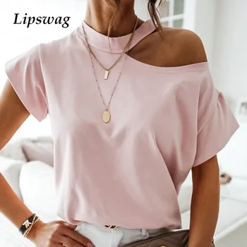 

2XL Sexy Off Shoulder Solid Blouse Women Shirts 2020 Summer Short Sleeve Tops Womens Casual Loose Halter Backless Lady Blouses