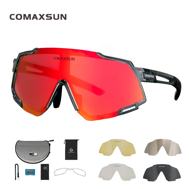 COMAXSUN, Профессиональные поляризованные велосипедные очки 5 лен, MTB, дорожный велосипед, спортивные зеркальные солнцезащитные очки, велосипедные очки UV400 - Цвет: Gray Black