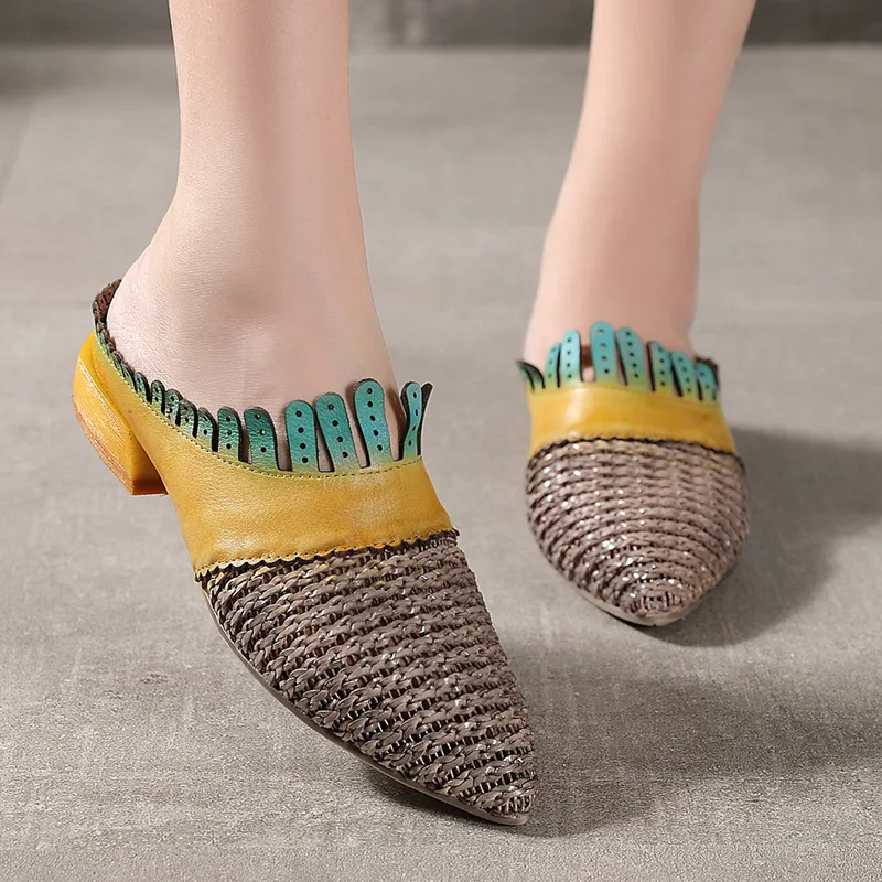 US $71.27 Slippers Women Leather Mules Pointed Toe Summer Shoes For Women Knitted Pattern Genuine Leather Women Slippers Low Heels Retro
