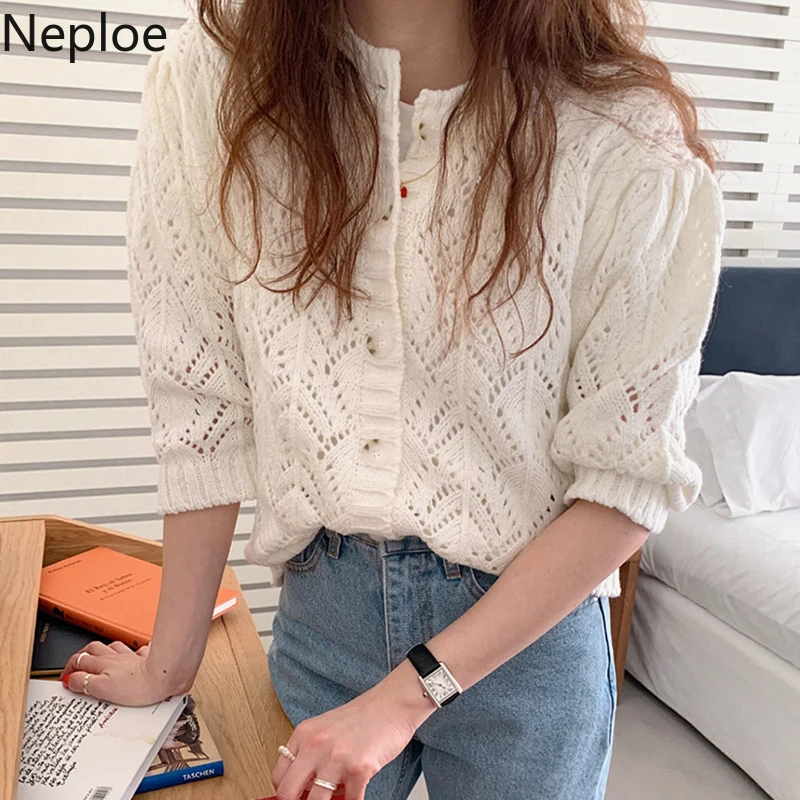 Neploe Knitted Sweater Women Sping Korean Chic Single Breasted Puff Sleeve Ladies Cardigans Loose Hollow Out Female Tops 1B017 |