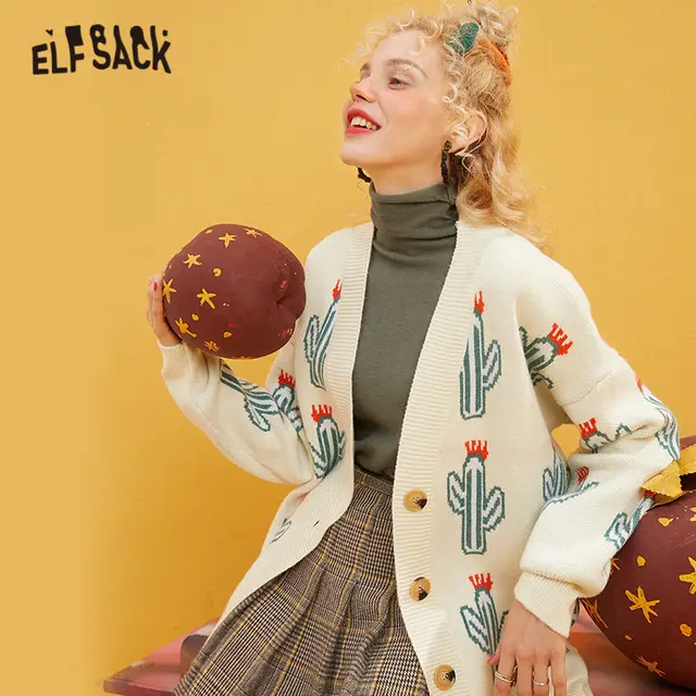 US $27.84 ELFSACK Beige Plant Print Knit Preppy Cardigan Women Sweaters 2020 Winter Long Sleeve Single Button