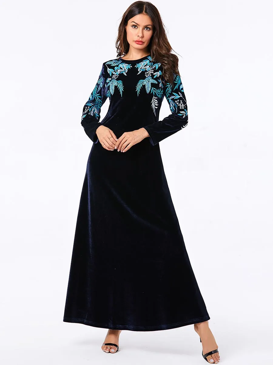 Модное зимнее арабское женское платье размера плюс, бархатное мусульманское платье с вышивкой в виде листьев Абайи, Vestidos Caftan Marocain - Цвет: navy blue