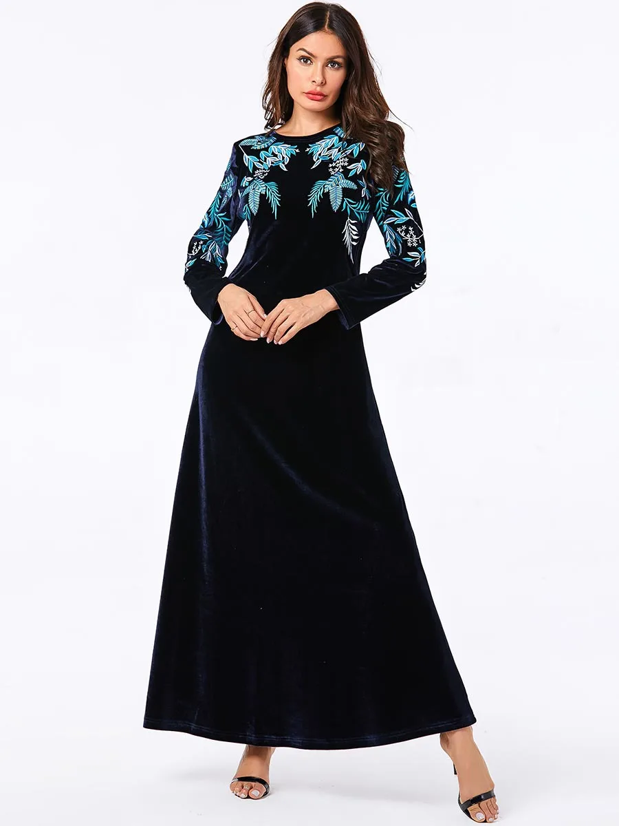 navy blue Модное зимнее арабское женское платье размера плюс, бархатное мусульманское платье с вышивкой в виде листьев Абайи, Vestidos Caftan Marocain - Цвет: navy blue