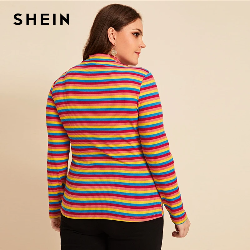 SHEIN/разноцветная футболка размера плюс в радужную полоску, женские осенние Повседневные базовые Топы с длинным рукавом, облегающие футболки с цветными блоками