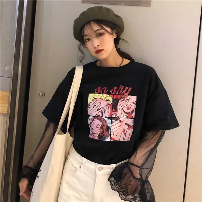 NiceMixKorea стильная футболка в стиле Харадзюку женская футболка с мультяшным принтом кружевная прошитая футболка с длинным рукавом свободная футболка