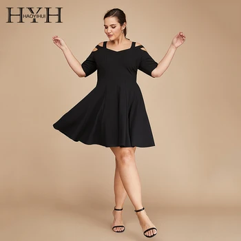 

HYH haoyihui Large Size Women V-neck Solid Color Hollow Out Strapless Slimming Short Sleeve Lace Up High Waist A-line Dress