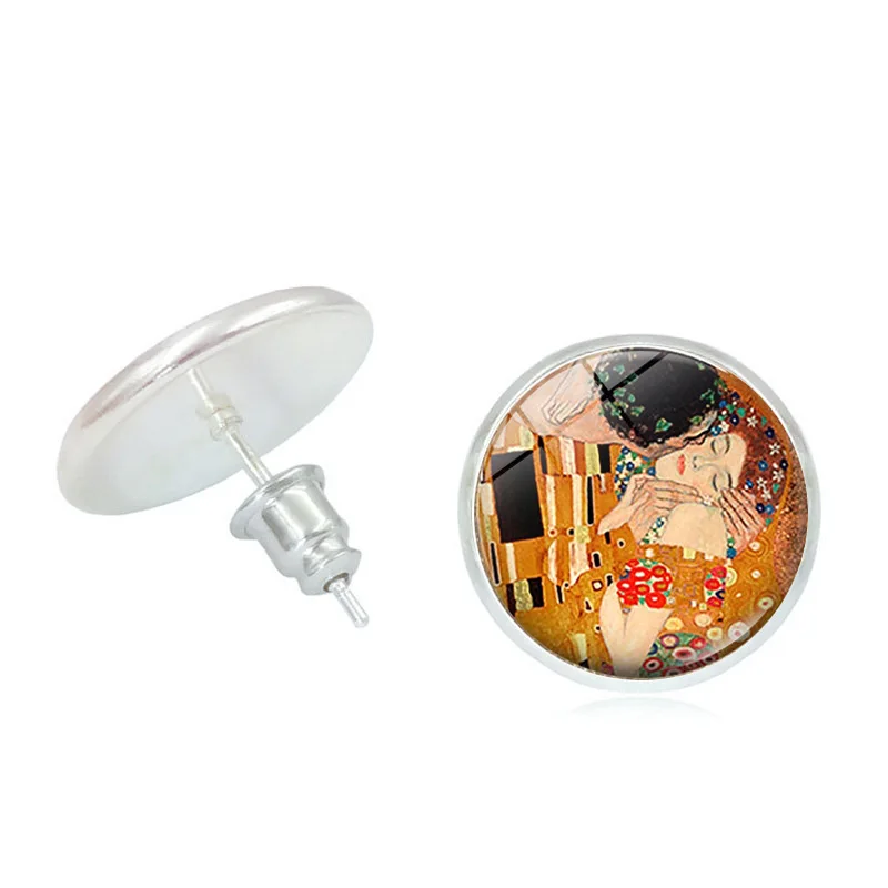 

New Gustav Klimt The Kiss Stud Earring Jewelry with Silver Color Glass Cabochon Kilmt Kiss Pattern Earring Stud for Women