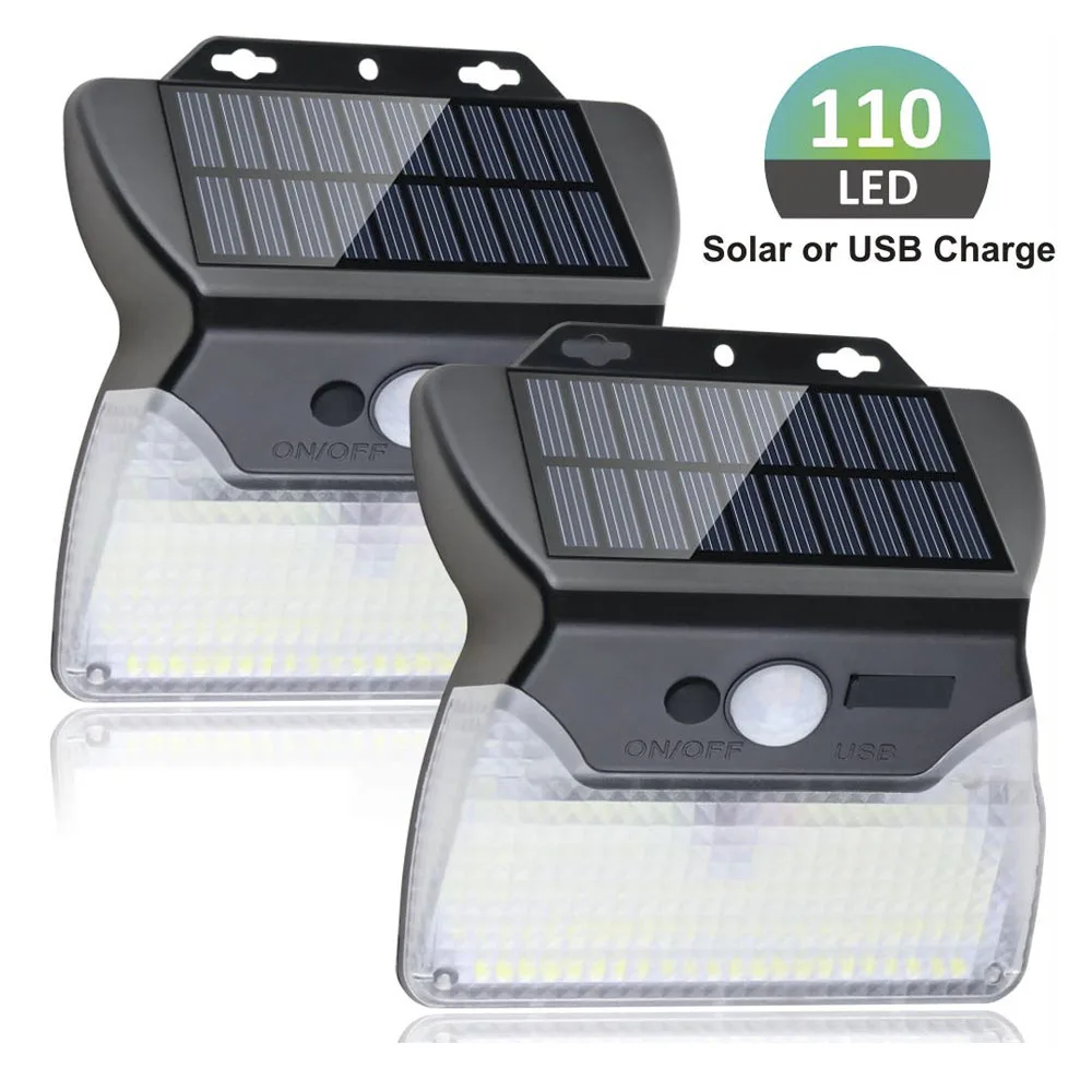 

110 LED Solar Lights Outdoor Wireless Solar Powered Motion Sensor Light USB Charge 3 Lighting Modes Waterproof for Garden Wall
