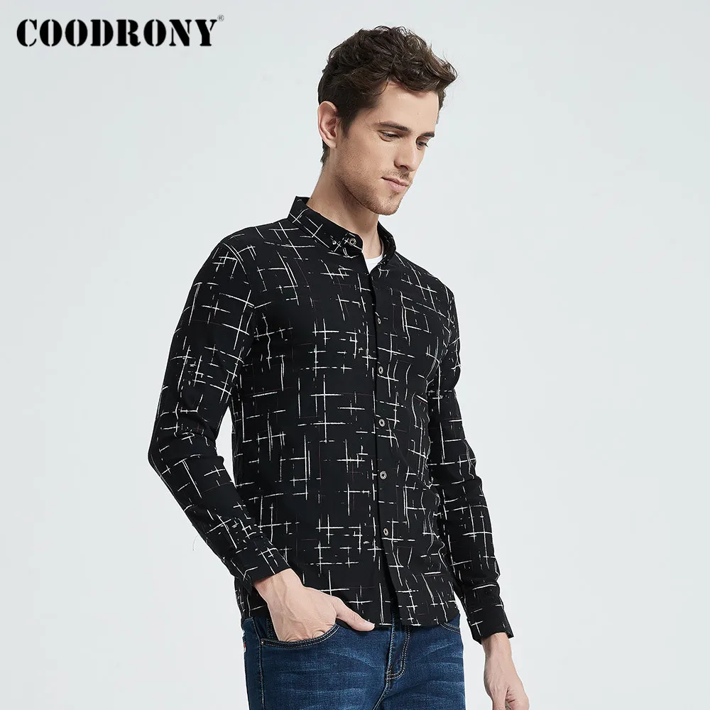 Мужская хлопковая рубашка COODRONY модная повседневная в клетку с длинным рукавом