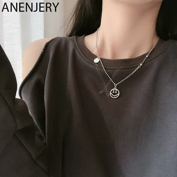 

ANENJERY Hollow Smiling Face Necklace Thai Silver Color Round Luck Charm Necklace For Women Men Jewelry S-N586