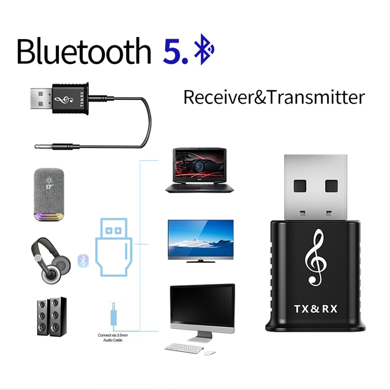 2 в 1 USB Bluetooth 5,0 передатчик и приемник Мини 3,5 мм AUX беспроводной стерео музыкальный аудио адаптер для автомобиля Динамик ТВ ПК телефон