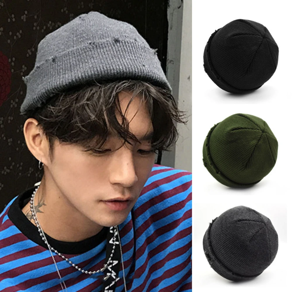 Мужская шапка с дырками, Корейская версия вязаных шерстяных шапок, теплые простые Модные Повседневные Дышащие трендовые шапки