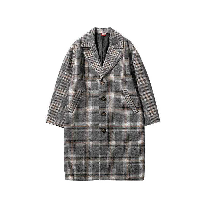 Korea Fashion Plaid Long Single Breasted Mens Coat Winter New Arrival Cashmere Overcoat - Цвет: Серый