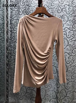 

2019 Autumn Winter Fashion Tops & Tees High Quality Women Ruffle Patterns Long Sleeved Pleated Sexy Tops Black Khaki Apricot