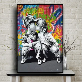 

Kids Kissing Wall Graffiti Art Canvas Prints Street Pop Art Canvas Painting Posters and Prints Love Life Canvas Pictures Decor