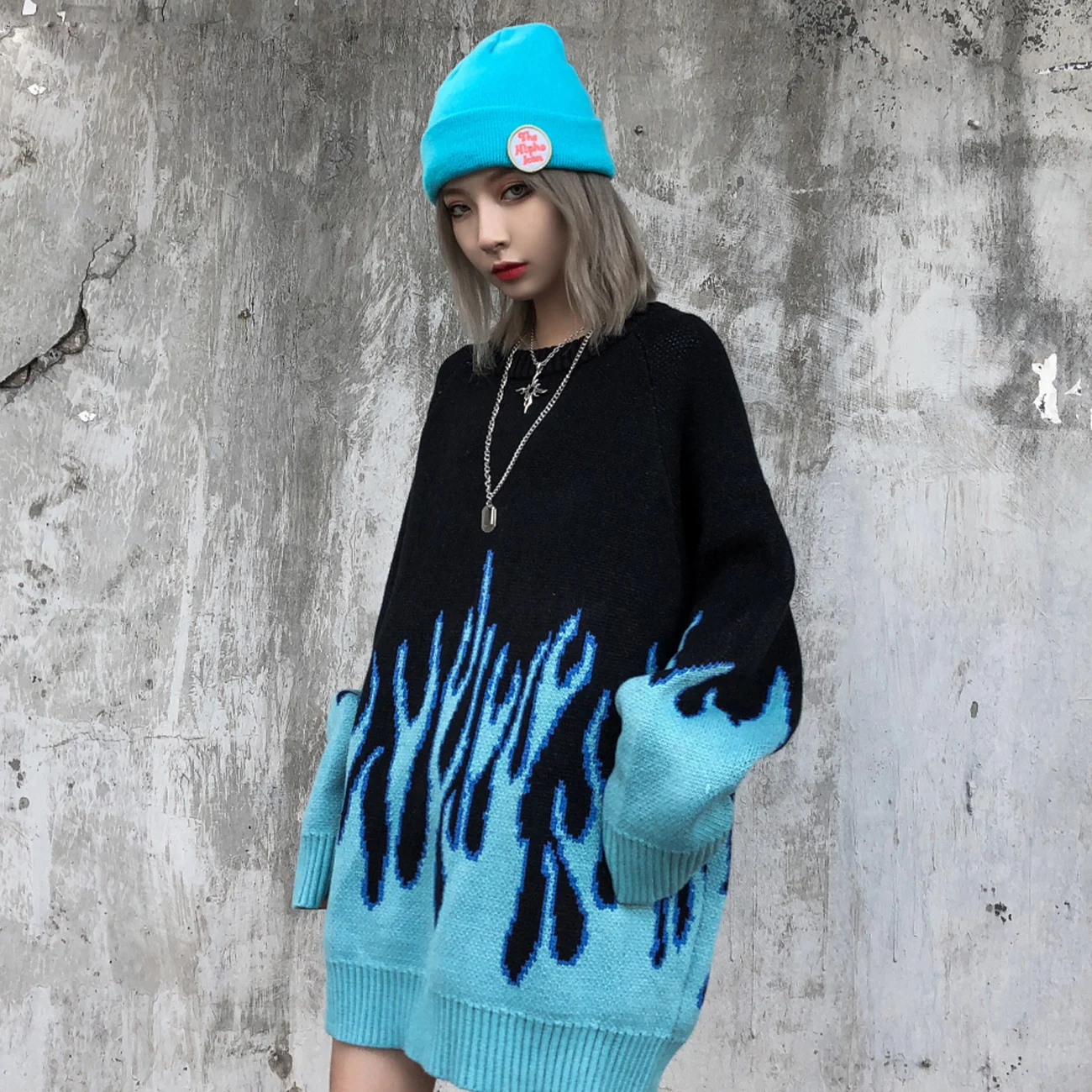 Hip Hop Sweater Pullover Men Blue Fire 