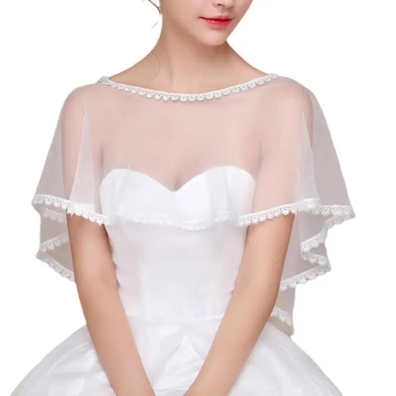 

Wedding Bridal Vintage Sheer Tulle Cape Floral Lace Trim Pullover Capelet Bolero High Low Asymmetric Evening Party Shrug Wrap