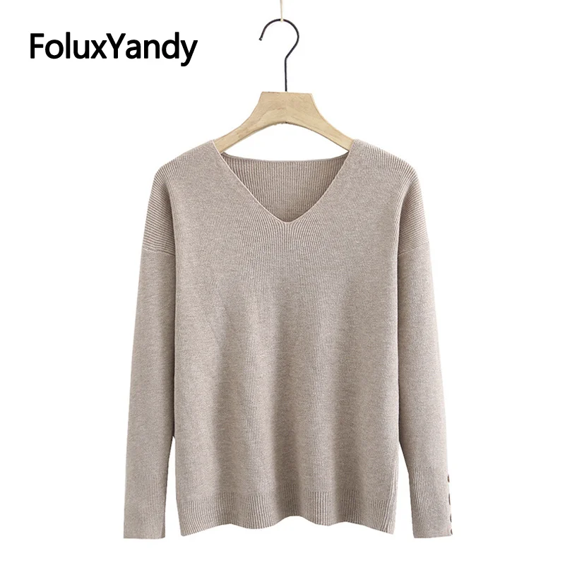 

Spring Autumn Basic Sweater Women Knitted Pullovers Casual Long Sleeve V-neck Plus Size Sweaters KKFY5179