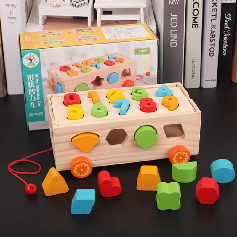 Children's Early Color Cognition Education toys For Children Wooden Geometric Shape Seventeen Holes Trailer Building Blocks