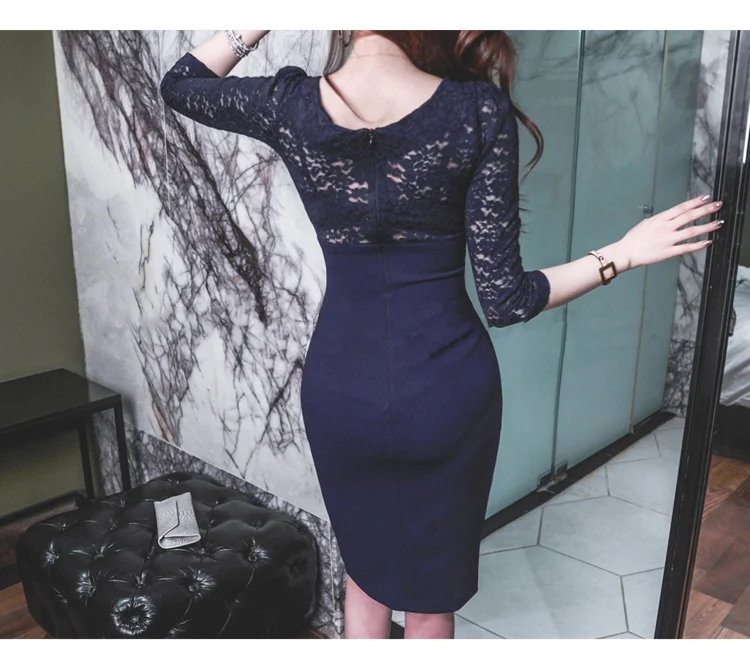 Осень 3/4 рукав кружева лоскутное длиной до колена Bodycon Vestidos оболочка v-образным вырезом сексуальное темно-синее платье с галстуком