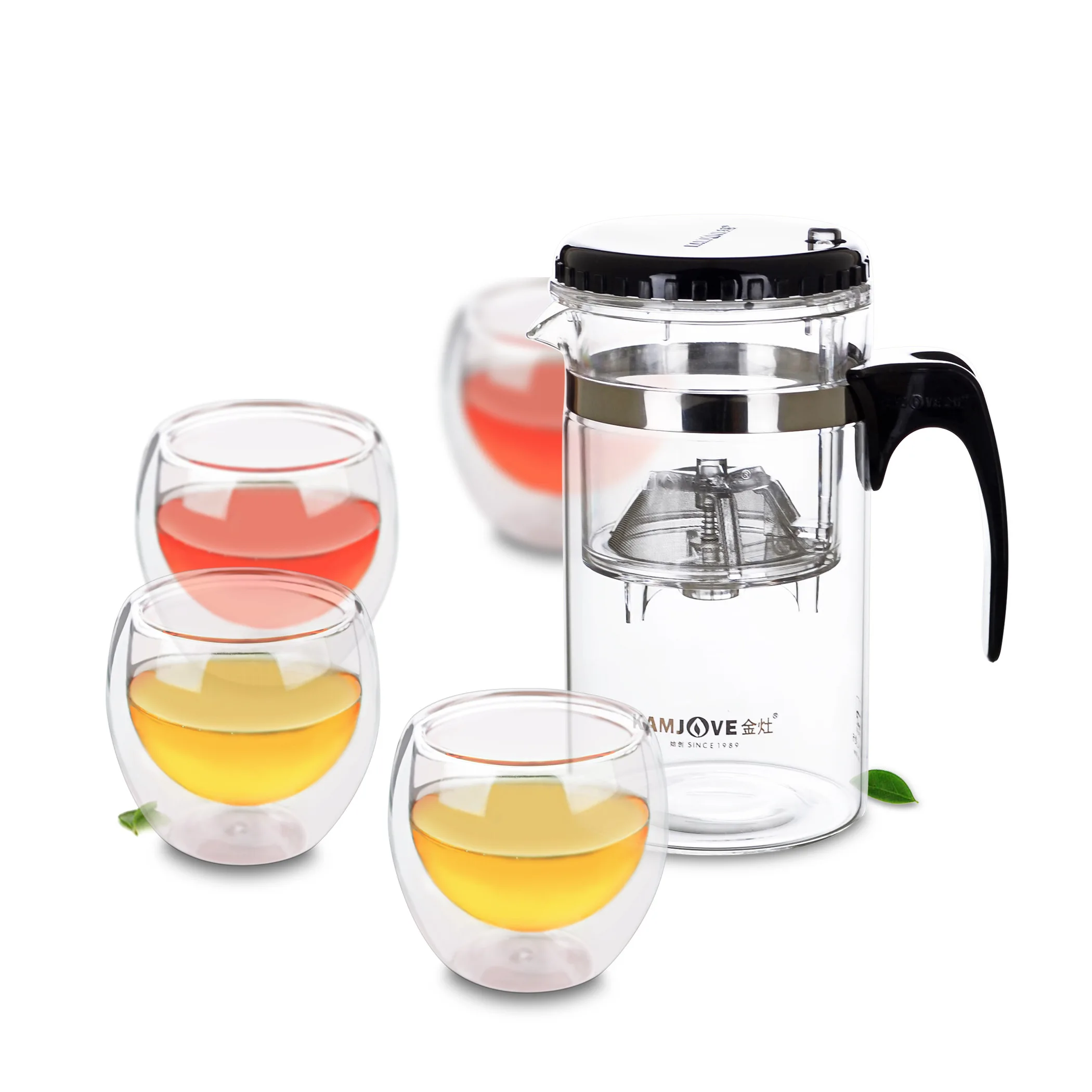 1x 5in1 Tea Set -Heat Resistant Glass 500ml Piaoyi Flower Teapot +4x 80ml Double Wall Glass Cups