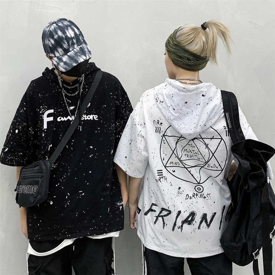 Harajuku футболка с капюшоном и буквенным принтом для мужчин и женщин, футболка с коротким рукавом, толстовка в стиле хип-хоп, уличная одежда, футболки, топы черного цвета, WG727