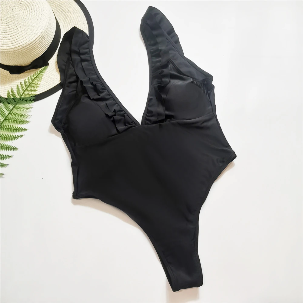 

2019 Sexy Layer Ruffle One Piece Swimsuit Women Swimwear Push Up Monokini Bodysuit Black Plunge Swim Suit Backless Bathing Suit