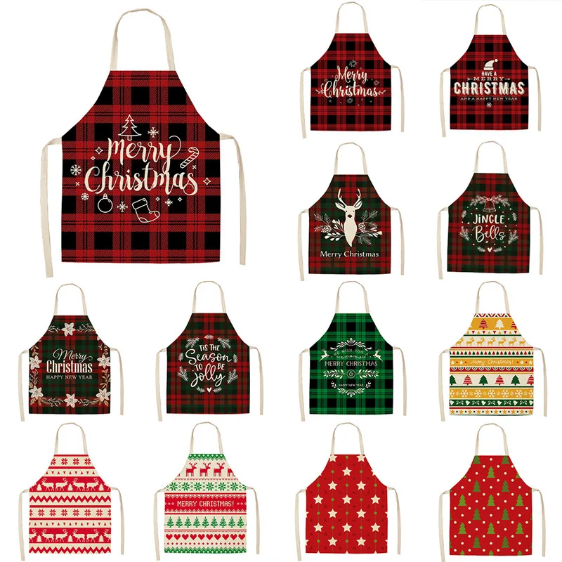 Christmas Apron Merry Christmas Lattice Printed Sleeveless Cotton Linen Aprons for Men Women Home Cleaning Tools