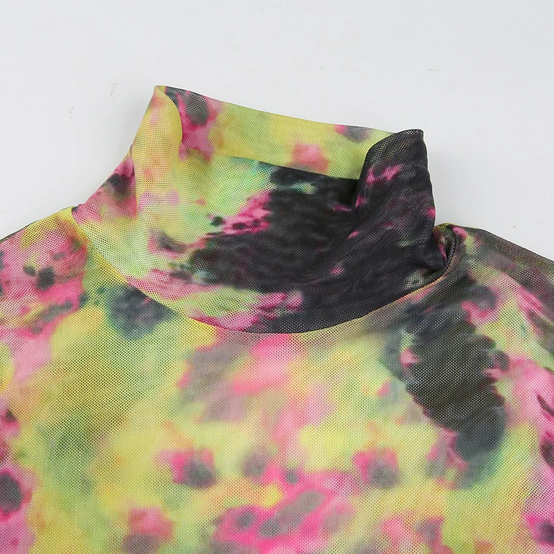 Waatfaak Tie Dye сексуальная прозрачная Сетчатая футболка женская футболка с длинным рукавом Водолазка укороченная футболка Повседневная Базовая укороченная футболка