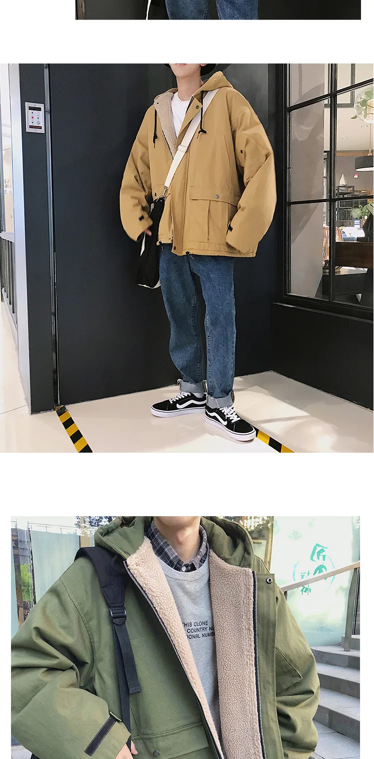 Korean Loose Men's Oversize Jacket Autumn Winter Hooded Cotton Coat Wool Liner Men Coats Warm K098