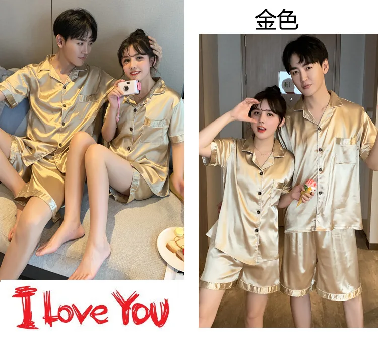 mens pj short set Solid Color Sleepwear Couple Silk Satin Pajama Sets Short sleeve Pyjamas Home Wear Suits Pijama Women Men Loungewear Shorts Pjs white cotton pyjamas