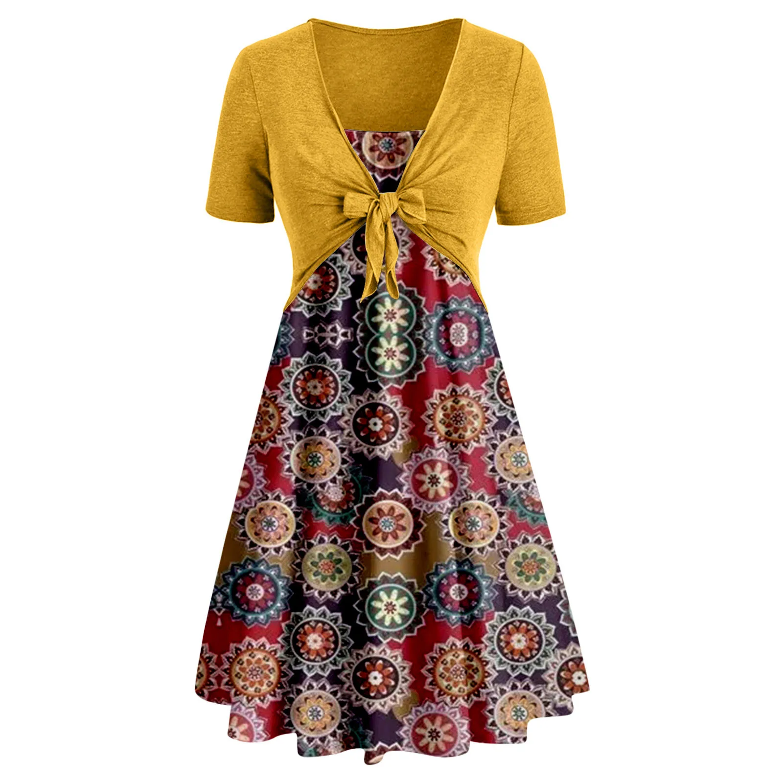 Fashion Woman Casual Dress Summer Solid Tops Bandage Short Sleeve +print Dress Summer 2021 Fashion Women Платья Летние Лёгкие 2