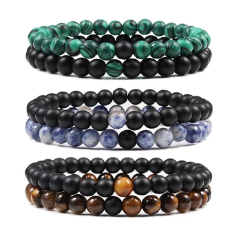 Hot 2pcs/Set Tiger Eye Black Lava Natural Stone Beaded Bracelets Couples Distance Bracelet Energy Elastic Rope Malachite Jewelry