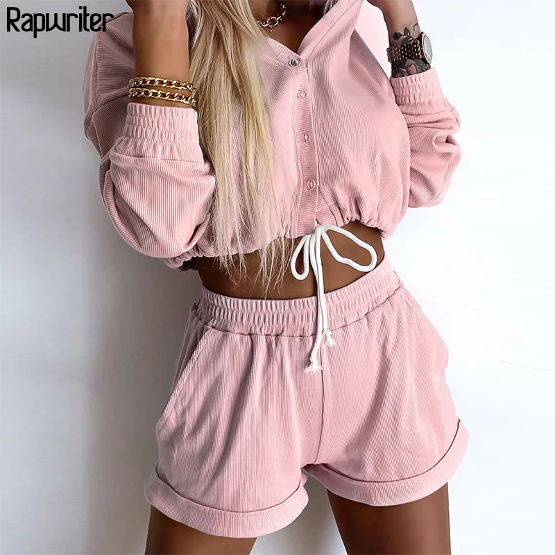 

Casual Solid Ribbed Sweat Suits Drawstring Oversized Crop Hooide And Shorts Two Piece Set Tracksuit Women Outfits 2 Piece Set