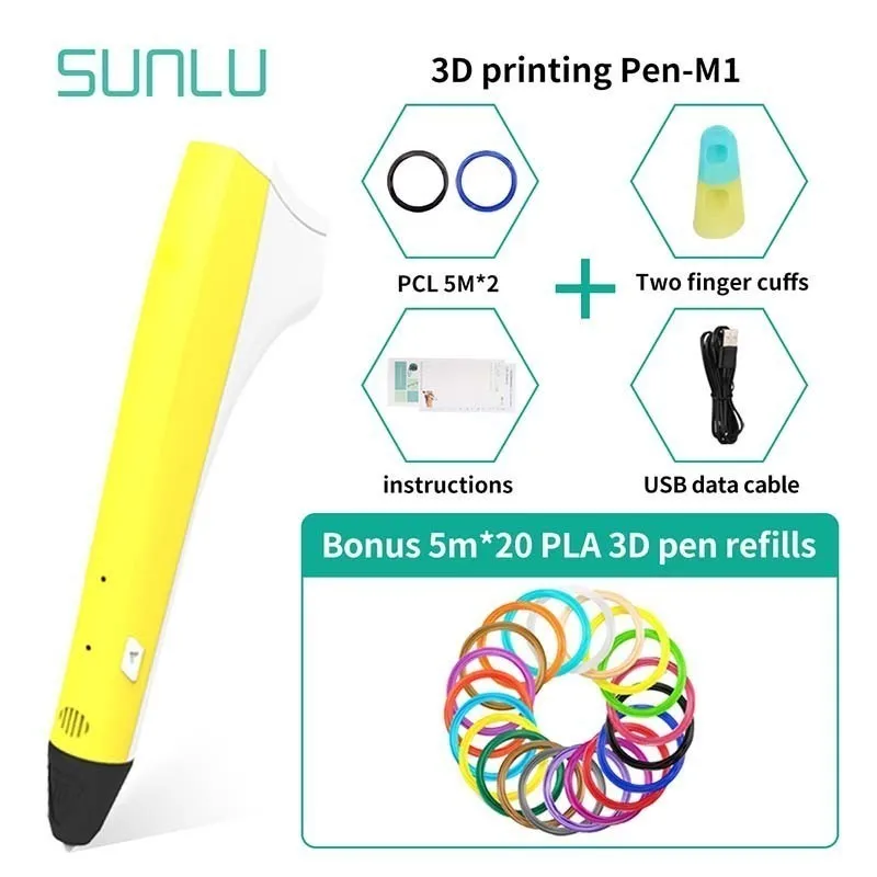 SUNLU 3D Ручка для печати Prince M1, поддержка PLA/PCL, нить 1,75 мм, подходит для детей, инструменты для рукоделия, желтый цвет, набор коробок
