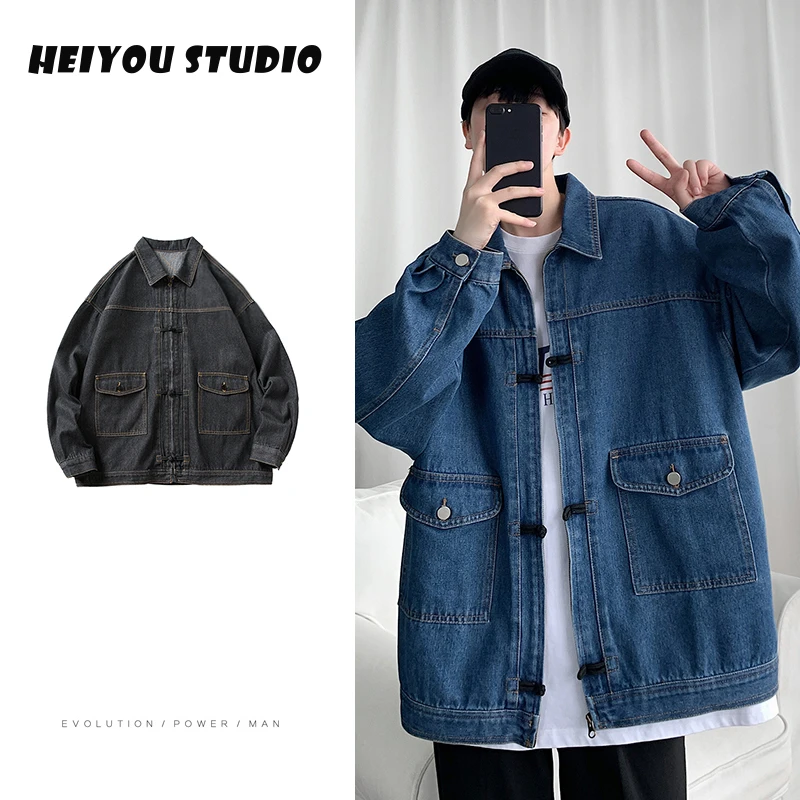 

Autumn Korean Denim Jacket Men's Fashion Solid Color Retro Casual Denim Jackets Mens Streetwear Loose Hip-hop Bomber Jacket Men