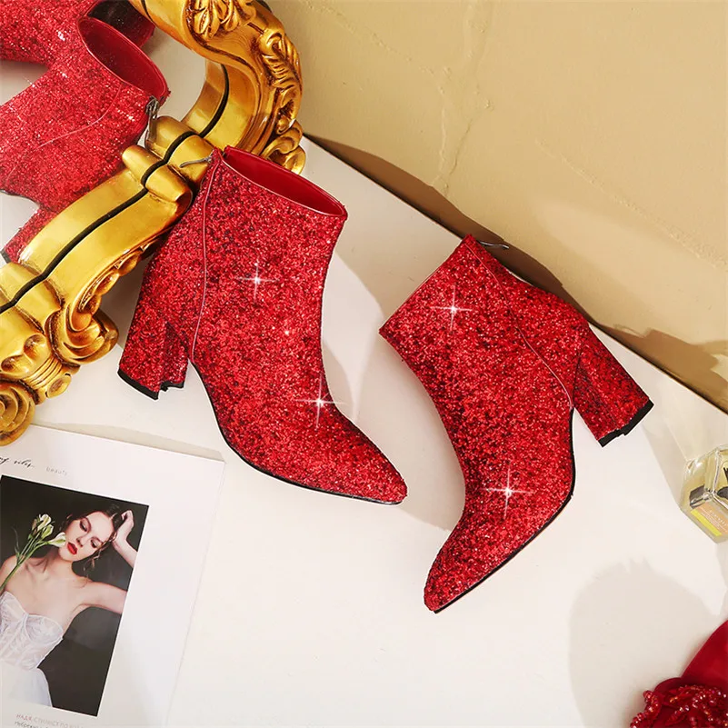Meotina/осенние ботильоны; женские блестящие полусапожки на толстом каблуке; Свадебная обувь на очень высоком каблуке на молнии; женская зимняя обувь красного цвета; размеры 34-43
