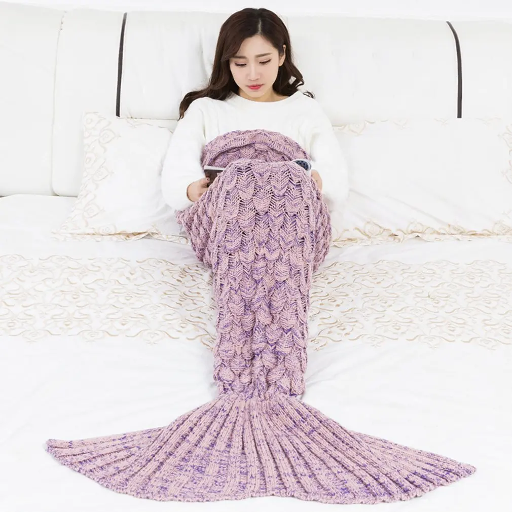 9 Colors Mermaid Blanket Handmade Knitted Sleeping Wrap TV Sofa Tail Kids Adult Baby crocheted bag Bedding Throws | Дом и сад