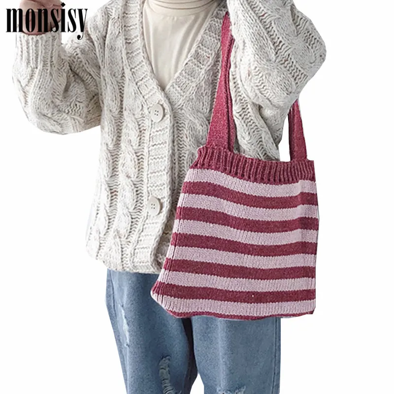 

Monsisy Winter Wool Bag For Boy Girl Knitting Handbag Tote 2019 Cute Stripped Shoulder Bag Kid Coin Purse Children Wallet Bag