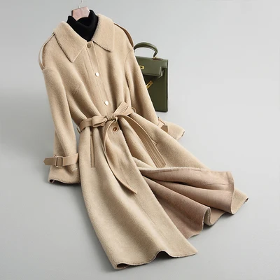 Beige Высококачественное кожаное пальто из овечьей шерсти, длинное женское пальто, новинка зимы, гранулы шерсть шуба - Цвет: Beige