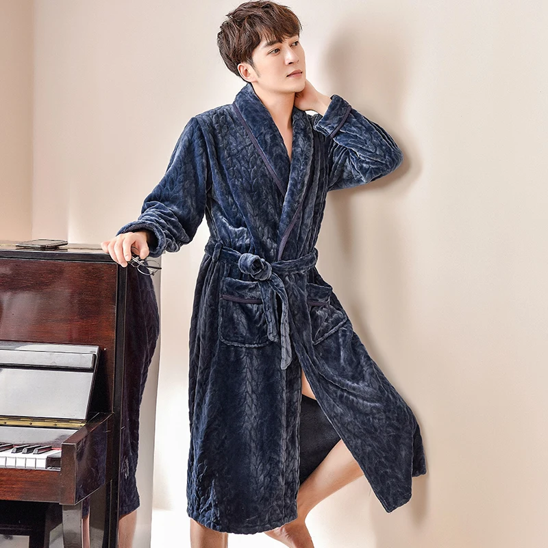 Male Winter Pajama Flannel Lengthened Plush Shawl Home Clothes Long Sleeved Robe Coat QIUSge Men Bathrobe 
