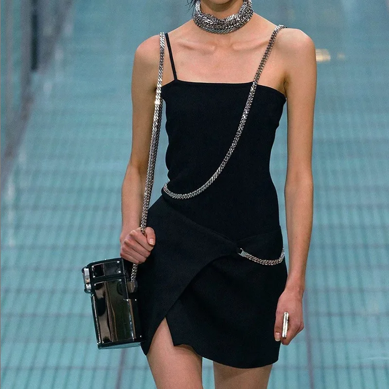 2020 Sexy Summer New Chain Strap Split Dress Women Slim All-match Small Black Fashion H0628 | Женская одежда
