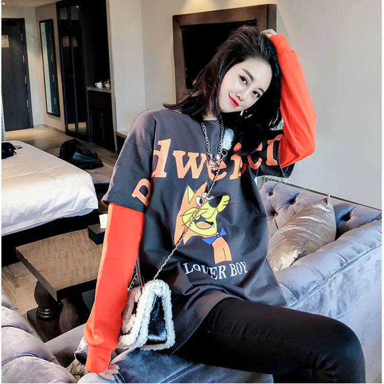 grey fox NiceMix, уличная одежда, стильные футболки с длинным рукавом, пэчворк, круглый вырез, принт, moda feminina, женская одежда, свободные женские топы, vetement f - Цвет: grey fox