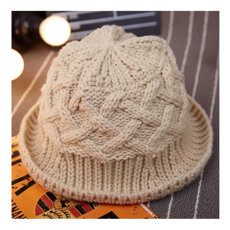 beige Зимняя модная Женская Складная вязаная шапка-ведро с закручивающимися полями, шапки для рыбалки, гибкие одноцветные шапки для защиты от солнца - Цвет: beige