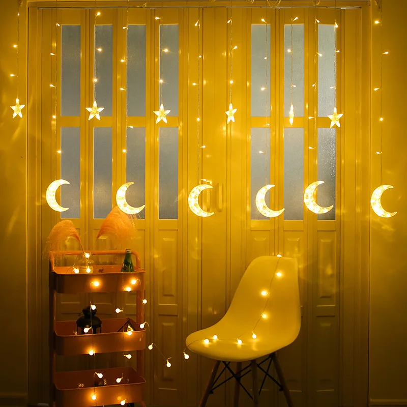 

2.5M LED Star Moon Curtain Light 220V EU Christmas Garland String Fairy Lights Outdoor For Window Wedding Party New Year Decor
